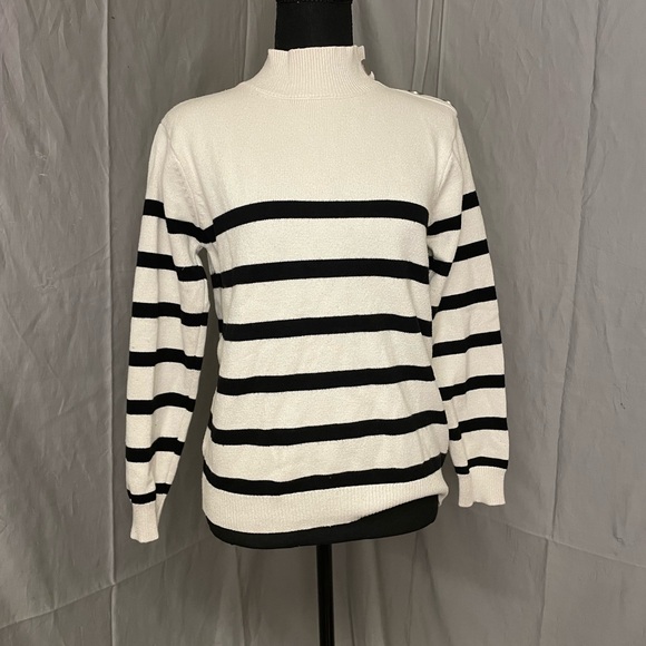 kirundo Sweaters - Kirundo Striped Black and White Turtleneck Sweater w/ Button Detail